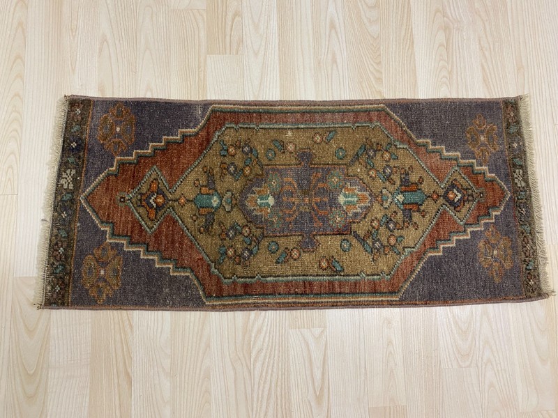 Antique Turkish Rug 1.2x2.8 ft Vintage Purple Rust Tribal Small Carpet Boho Mat gallery