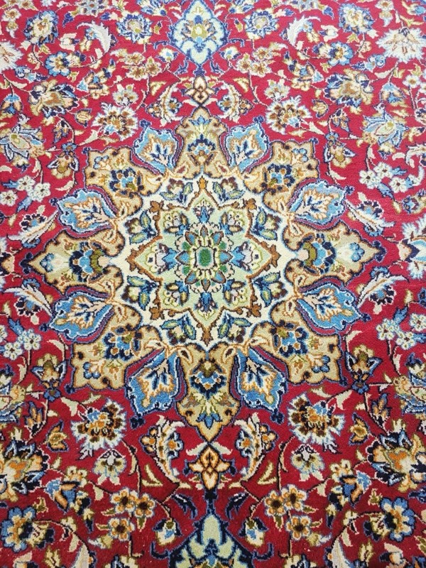 Vintage Hand-Knotted Wool Rug 8x11 – Elegant Oriental Red Field Blue Border gallery