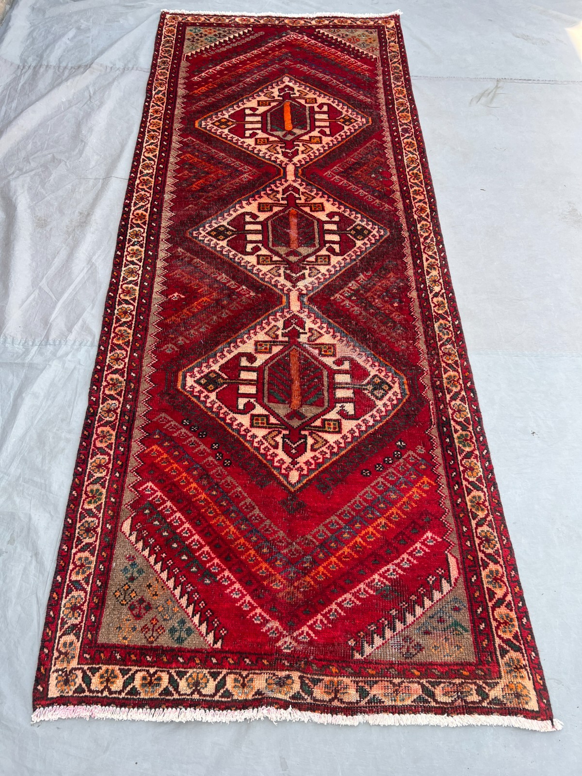 3'7x9'5 ft Vintage Afghan Baluchi Red Geometric Hand Knotted Wool Runner Rug gallery