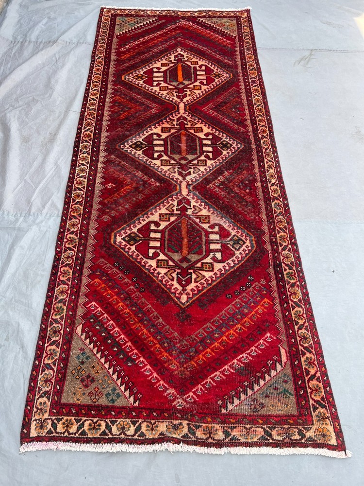 3'7x9'5 ft Vintage Afghan Baluchi Red Geometric Hand Knotted Wool Runner Rug
