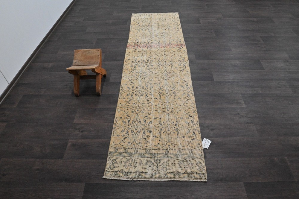Vintage Turkish Runner Rug 2x8ft Wool Anatolian Handmade Hallway Oushak YELLOW