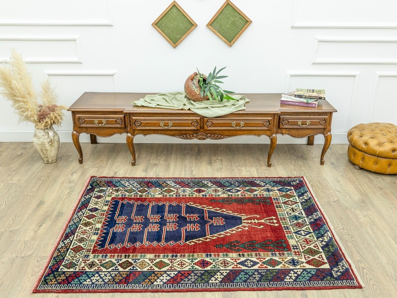 Vintage Turkish Anatolian Hand-Knotted Wool Prayer Rug Red Navy 4'3" x 5'11" ft gallery