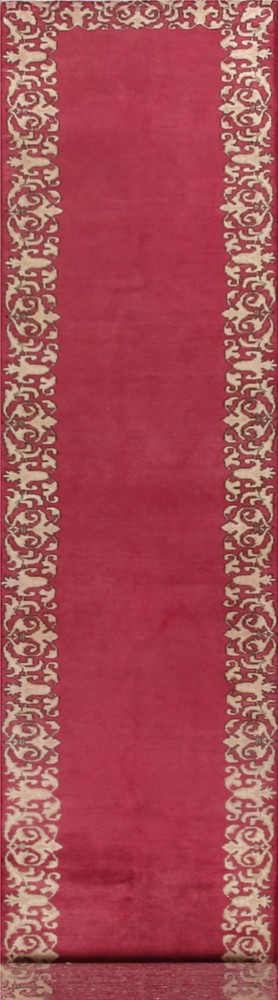 Vintage Bordered Fuchsia/ Ivory 16 ft. Runner Rug 3x16 Handmade Wool for Hallway