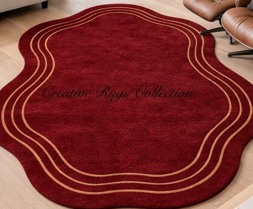 Modern Irregular Shape Area Rug | Burgundy Red Carpet with Gold Lines Soft Plush gallery