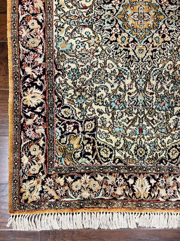 Silk Oriental Rug 4x5 Handmade Vintage Carpet Cream Navy Blue Very Fine 360 KPSI gallery