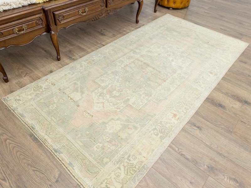 Muted vintage Turkish traditional rug 3.10x7.11 ft Large wide Oushak used runner gallery