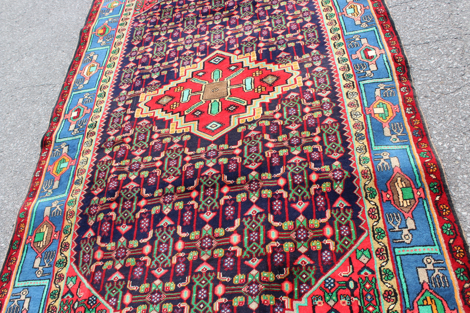 Bright Geometric Nomadic Afghan 4' 5" x 8' 2" Blue Hand Knotted Area rug gallery