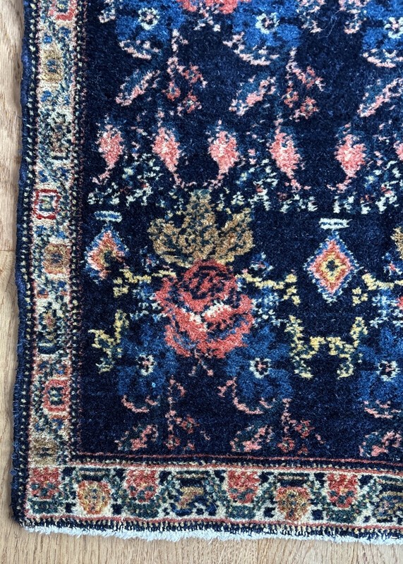 Fine Antique 2x3 Sennehh Rug C. 1910 Golfarang Flower pattern Navy Peach Ivory gallery