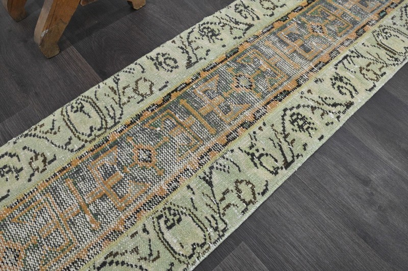 Vintage Turkish Runner Rug 2x6ft Wool Anatolian Handmade Hallway Oushak GREEN gallery