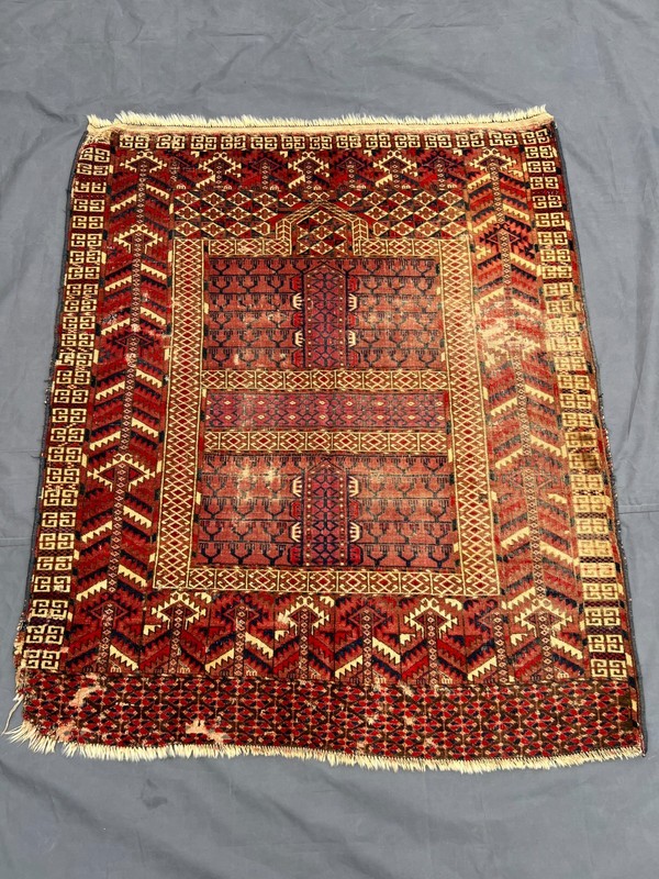 Red Distressed Low Pile Turkish Tribal Rug 4x5 ft Hand Knotted Vintage Carpet gallery