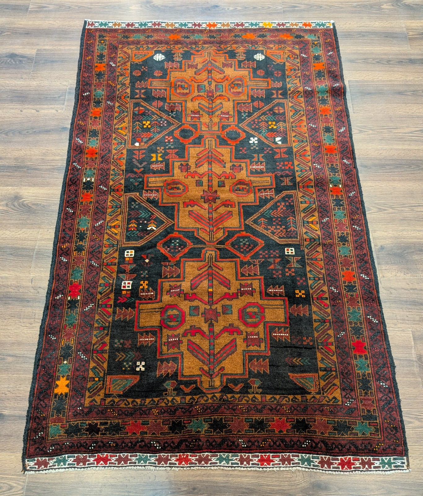 Afghan Balouchi Rug 4x6 Tribal Geometric Unique Color Triple Medallion Wool New gallery