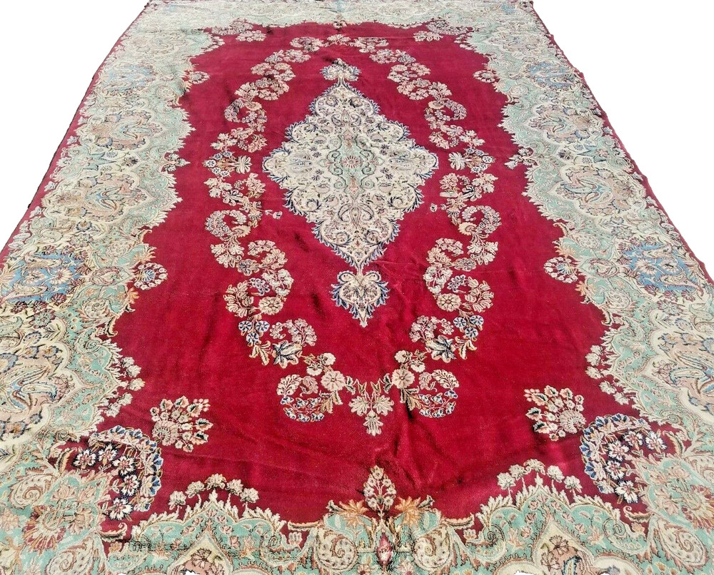 8'10'X16'7 ANTIQUE HAND-KNOTTED KERMANI KASHANI VINTAGE WOOL RED RUG