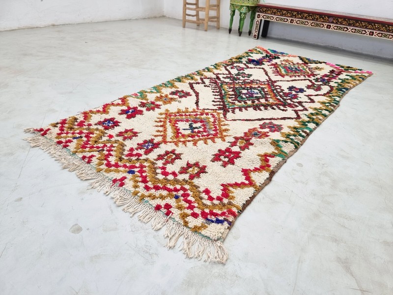 Moroccan Handmade Vintage Berber Rug3'8x8'5Geometric Cream &Green Wool &Cotton gallery