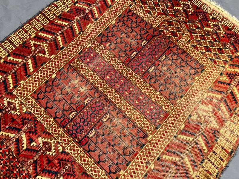 Red Distressed Low Pile Turkish Tribal Rug 4x5 ft Hand Knotted Vintage Carpet gallery