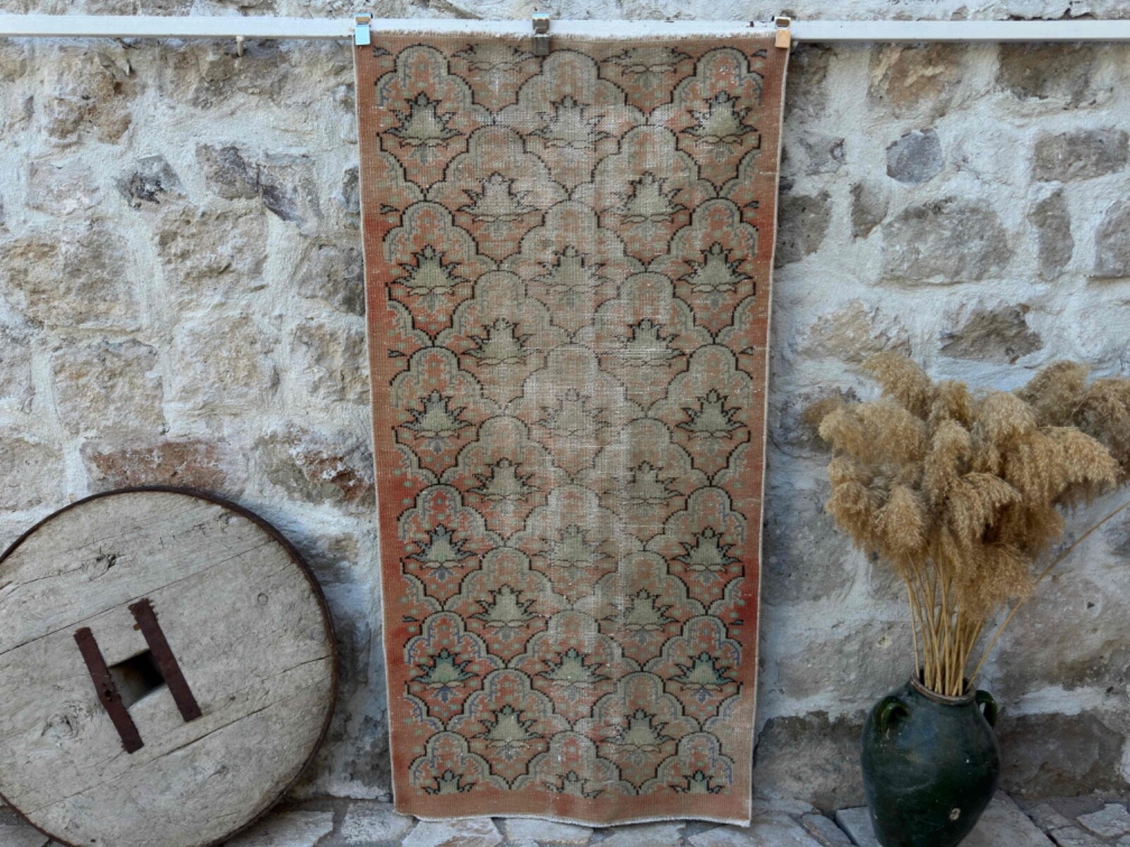 Handmade Turkish Area Rug 3x7 Pale Orange Cotton Distressed Geometric Carpet gallery