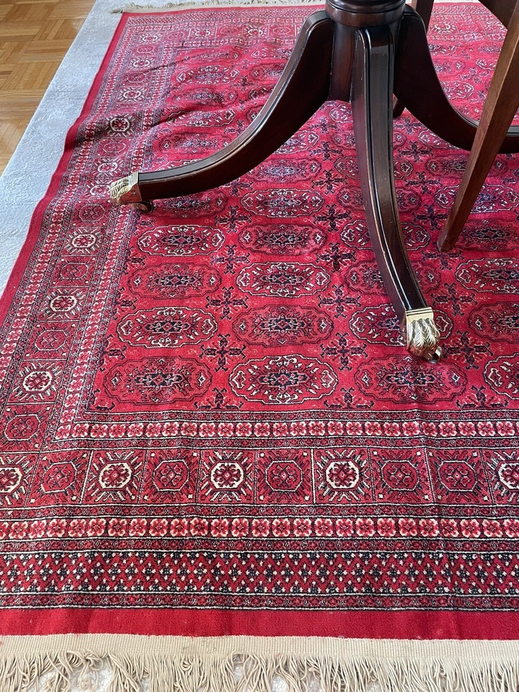 Vintage hand woven knotted 100% SILK RUG new fringe red black beige 4 x 5'