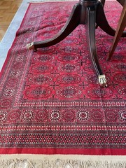 Vintage hand woven knotted 100% SILK RUG new fringe red black beige 4 x 5′