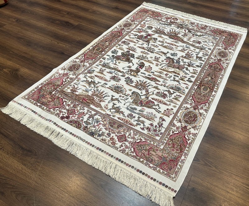 Turkish Silk Hunting Scene Rug 4x6, Ivory, Bamboo Silk, New gallery
