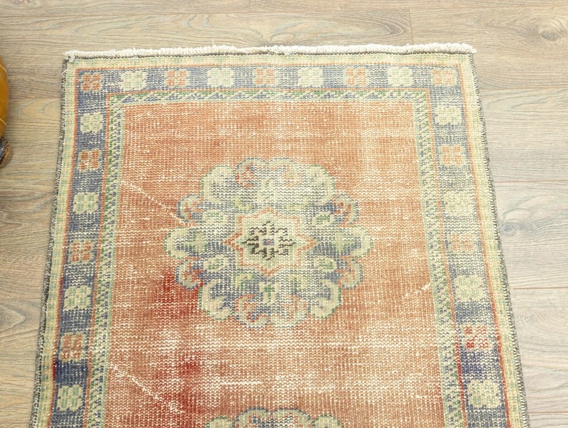 Rustic Turkish Oushak Runner – 2.7x11.7 ft – Distressed Pastel Red & Blue Rug gallery