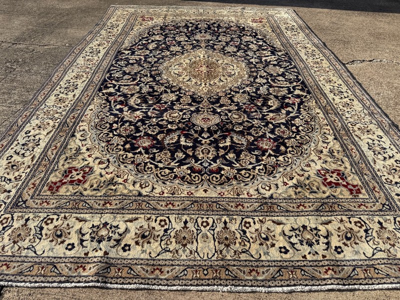 BLUE ANTIQUE ORIENTAL RUG 8x12 silk wool vintage fine handmade navy white 9x12 gallery