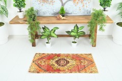 Turkish Door Mat Small Rug 1×3 Hand-Knotted Vintage Oushak Mini Rug Carpet,886