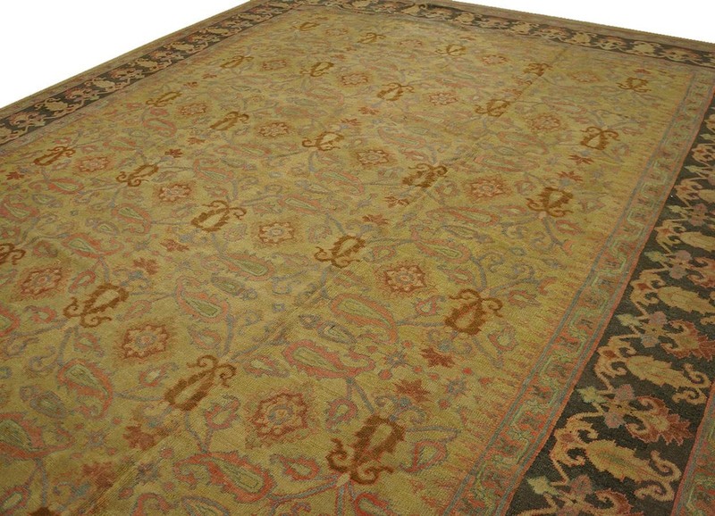 Antique Indian Amritsar Carpet 11'9"×19'6" Yellow Floral, Charcoal Border gallery