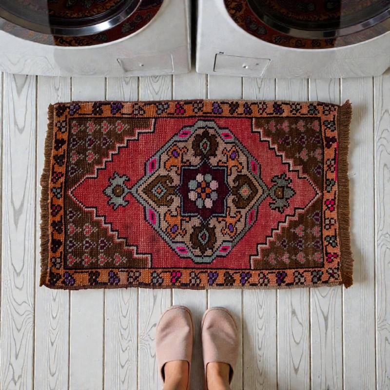 Vintage Distressed Small Area Rug Hand Knotted Oushak Rugs Yastik -1'7" x 2'5" gallery