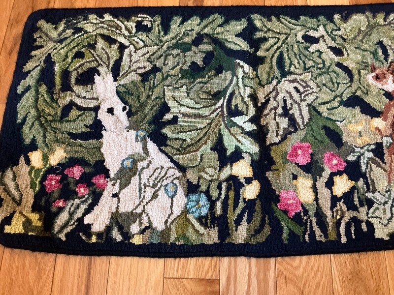 c1940s American Folk Art Pictorial Hooked Rug FOX & Hare in Ivy Patch 17”x 33” gallery