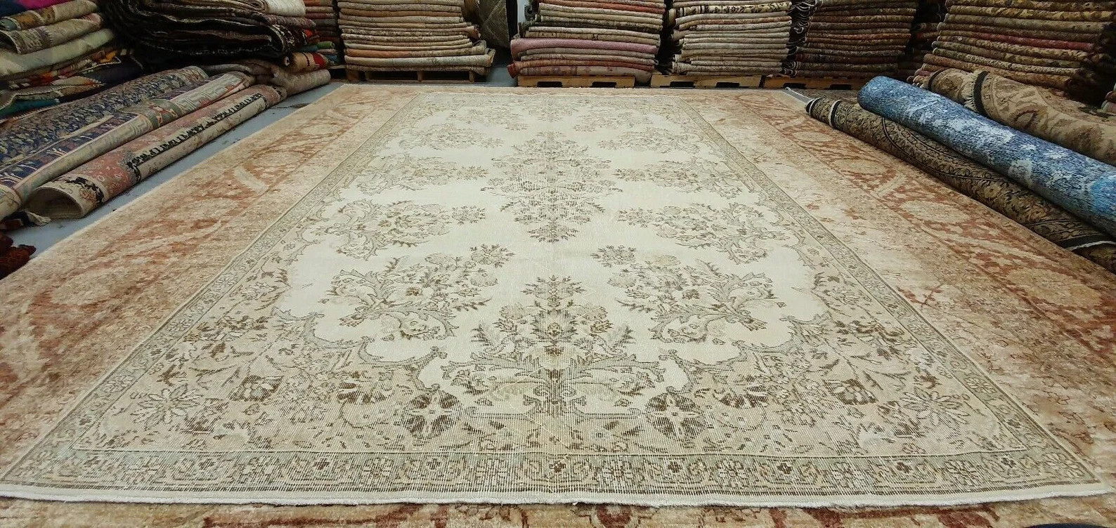 Antique 1930-1939s Wool Pile Muted Dye Distressed Oushak Area Rug 7'4" x 11'8" gallery