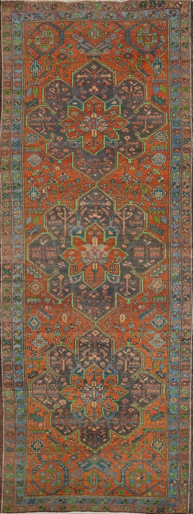 Semi-Antique Over-Dyed Orange Wool Hand-made Traditional 10 ft Runner Rug 3x10