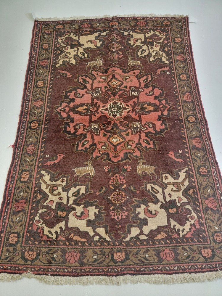 Antique Oriental Hand-Knotted Wool Area Rug Salmon/Burgundy/Green 4'5" x 6'5"