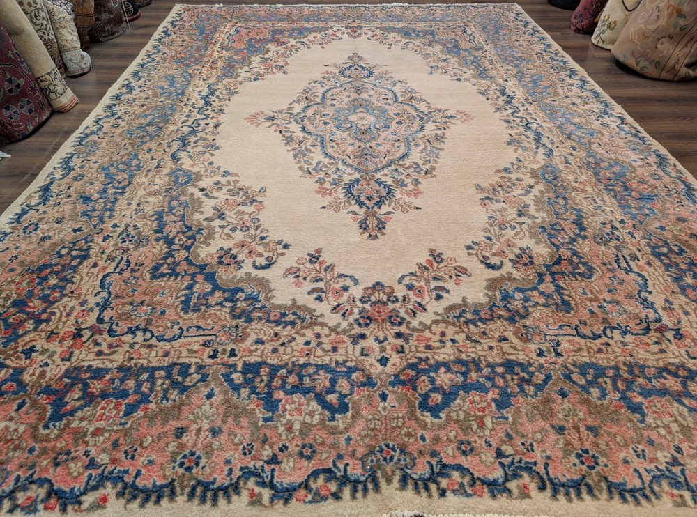 Per'sian Rug 9x12, Light Colors, Semi Antique, Oat Blue Pink, Hand Knotted