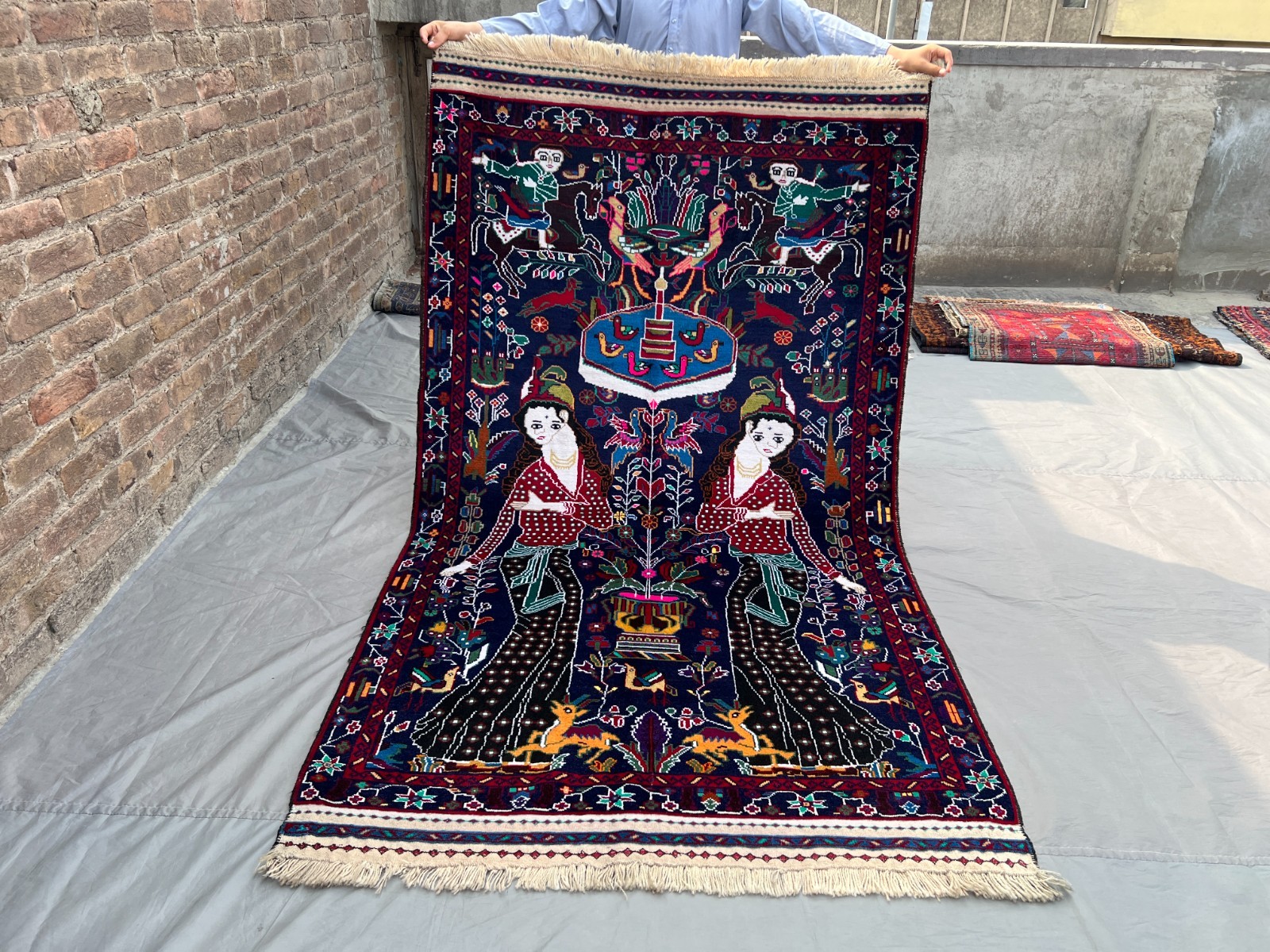 4.1x7.3 ft Vintage Afghan Hand Knotted Baluchi Pictorial Rug | Tribal Wool Rug gallery