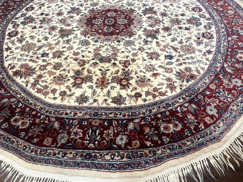 Round Sino Per'sian Rug 8x8, Wool and Silk, Floral Medallion, Ivory Dark Red gallery