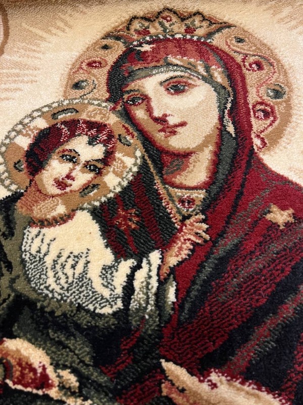 Vintage Woven Religious Tapestry Rug Mother of God with Infant Christ Thick Wall gallery