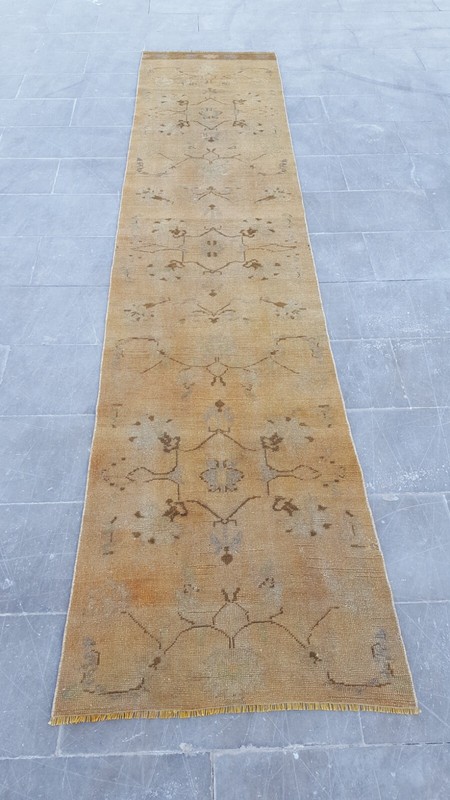 3x11 Antique Old Oushak Rug Floral Beige Distresset Runner Rug Oriental Carpet gallery