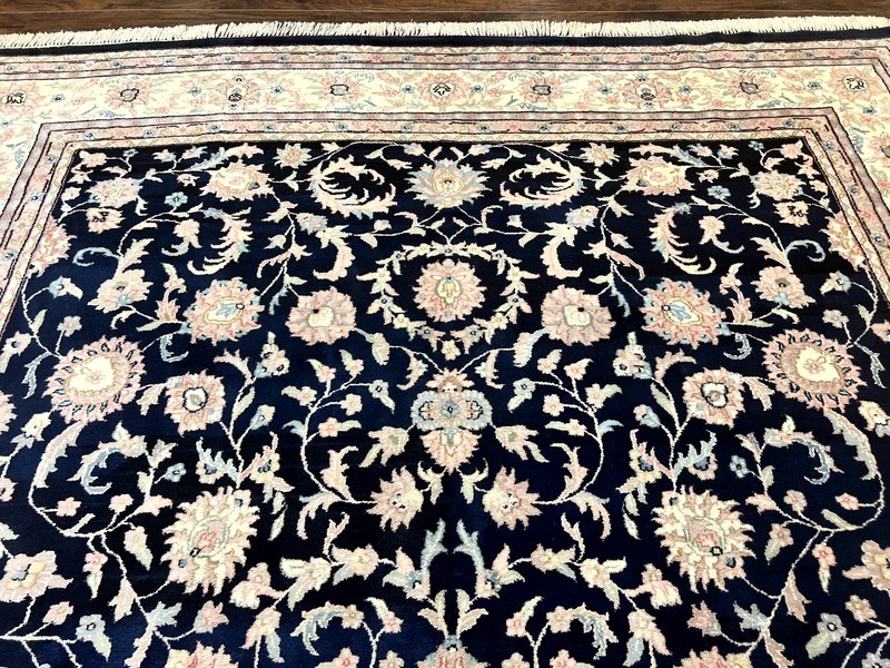Indo Per'sian Rug 9x12 Navy Blue Ivory Floral Vintage Wool Carpet Handmade gallery