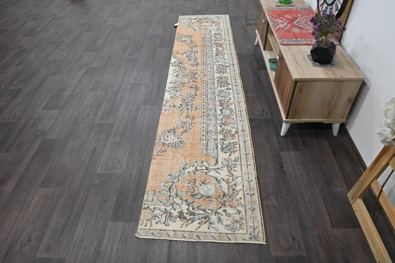 Vintage Turkish Runner Rug 2x10ft ORANGE Handmade Anatolian Oushak Hallway Wool gallery