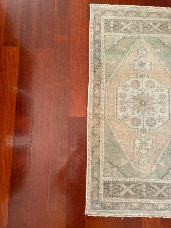 Muted Pink Green 2x4 Small Runner Wool Hand Knotted Vintage Turkish Oushak Rug gallery