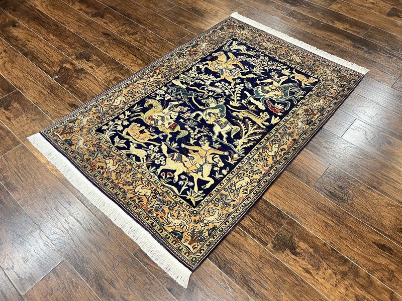 Oriental Rug 4x5 Vintage Wool Handmade Hunting Design Carpet Navy Blue & Mustard gallery