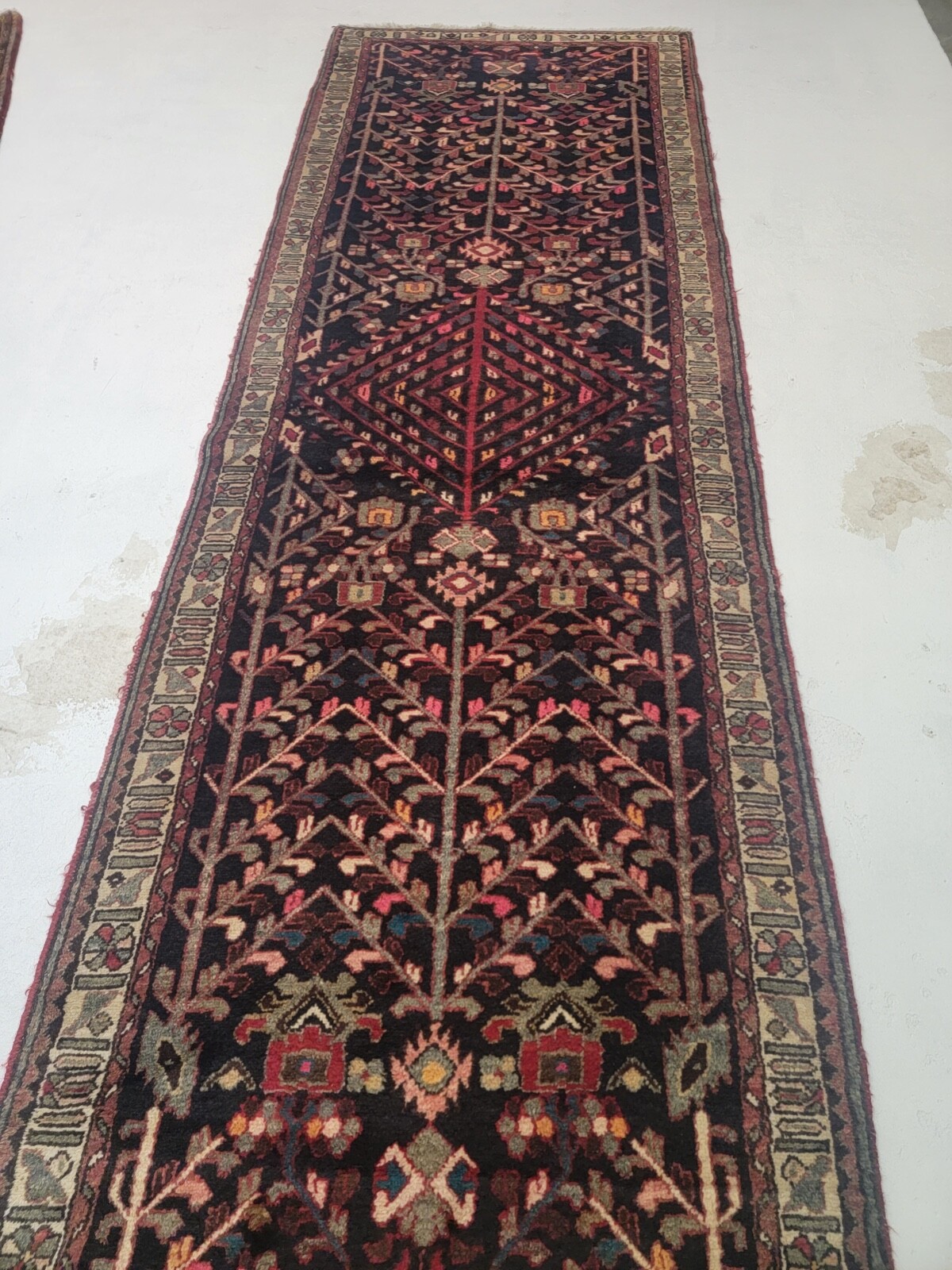 Antique Oriental Hand-Knotted Wool Runner Black/Beige 3'4" x 10'7" gallery