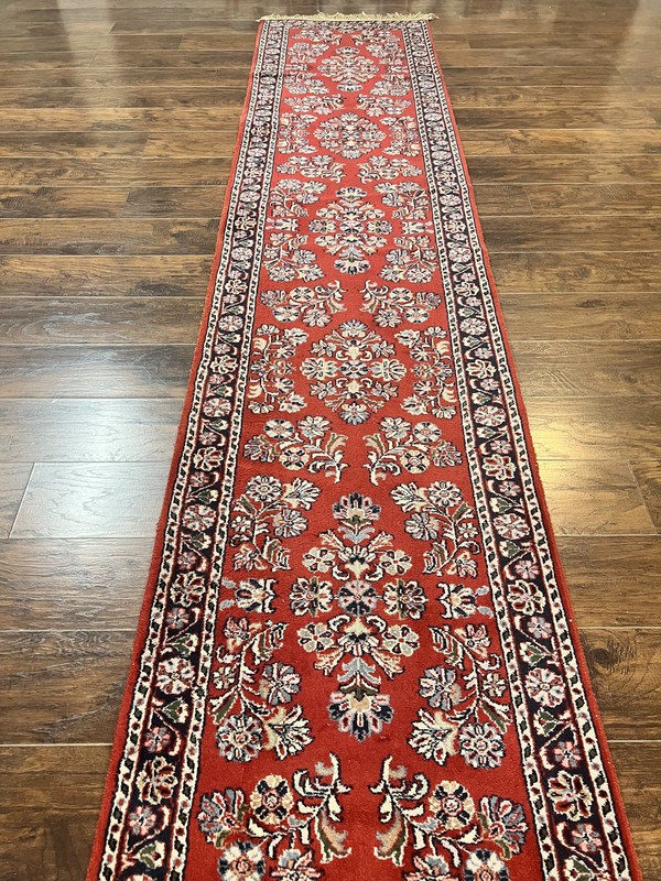Runner Rug 2.7 x 16 Vintage Sarouk Hallway Carpet Wool Handmade Red Black Floral gallery