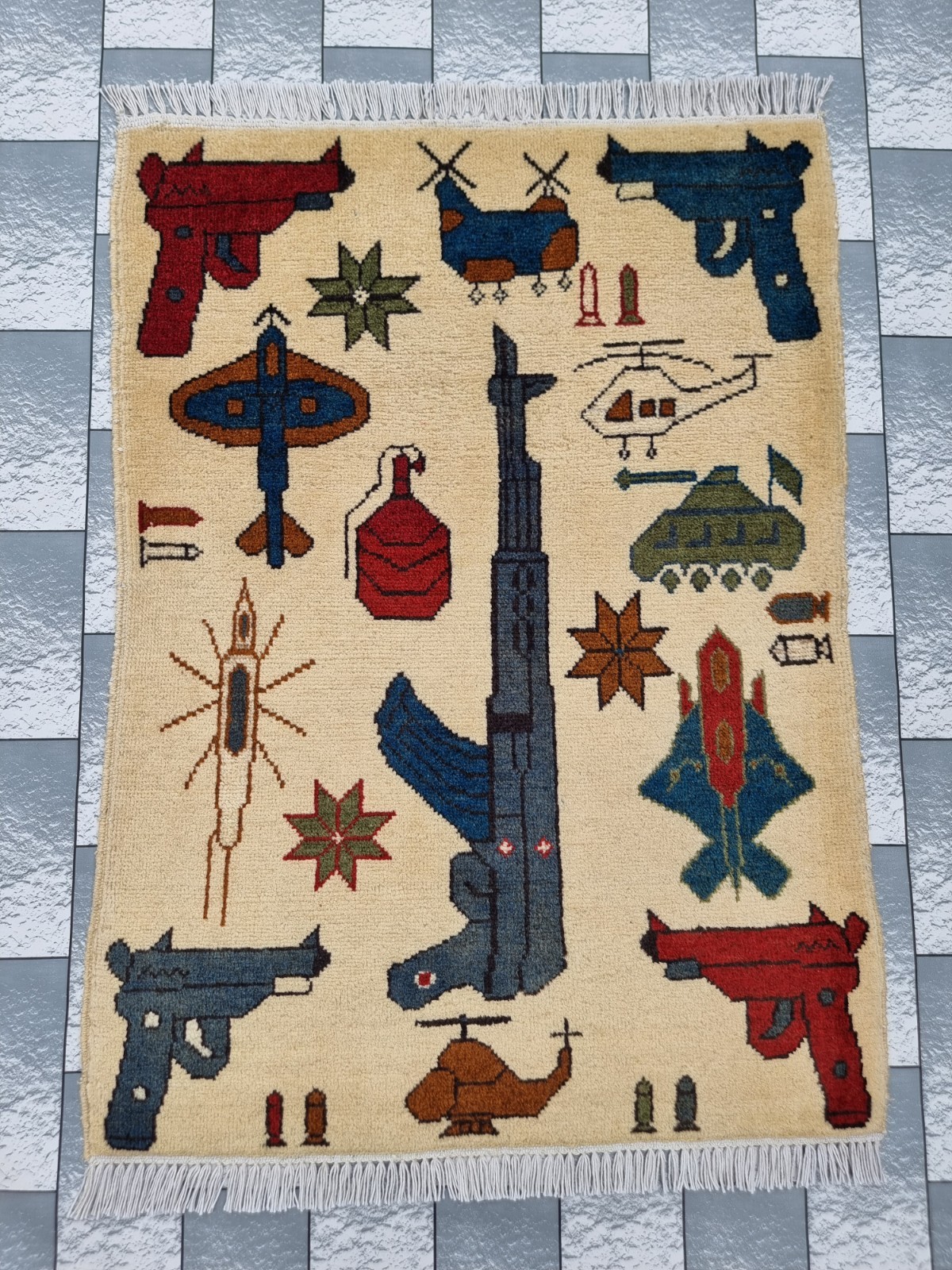 Vintage Hand Afghan War Rug Tribal Wool With Knotted Beautiful Wall Hanging Rug gallery