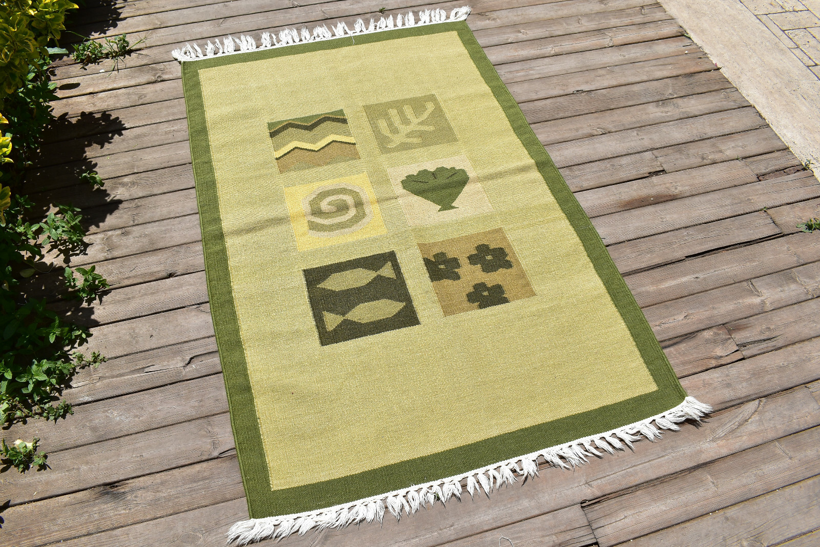 Nepal Rug 3x4 Handwoven Green Modern Pattern Kilim 94x145cm Natural Wool Rug gallery