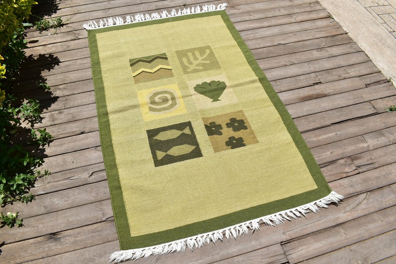 Nepal Rug 3x4 Handwoven Green Modern Pattern Kilim 94x145cm Natural Wool Rug gallery