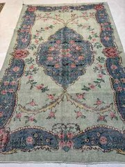 Oriental Hand-Knotted Wool Area Rug Turkish Oushak Green/Blue/Red 5’5″ x 8’7″