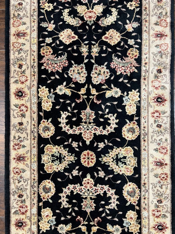 Short Runner Rug 2.7 x 6 Wool Silk Highlights Black Beige Handmade Floral gallery