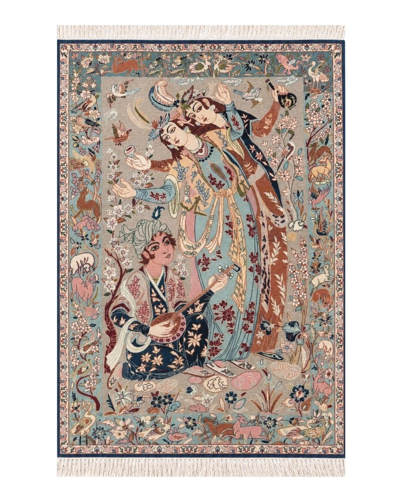 Per'sian Pictorial Rug 3x4, Kork Wool on Silk, Musician, Animal Pictorials