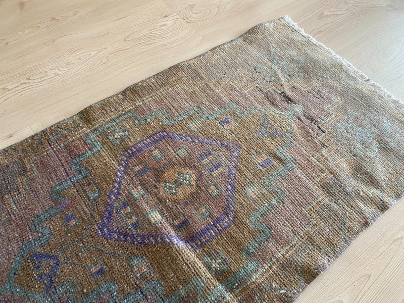 Muted Earth Tone Turkish Vintage Small Rug 1.5 x 2.9 ft with Diamond Medallion gallery
