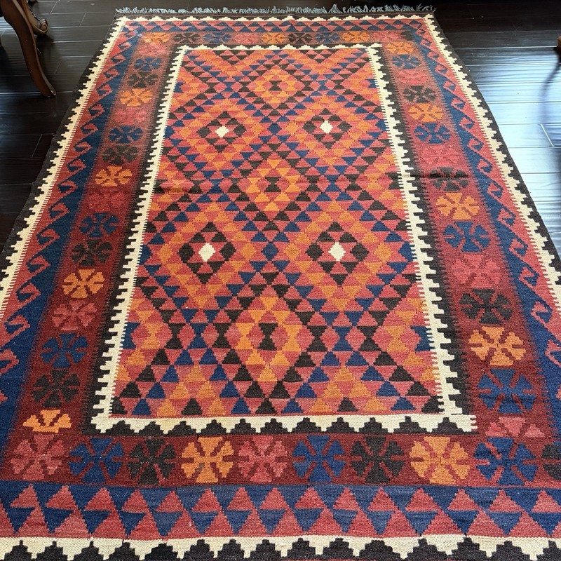 Vintage Handwoven Wool Kilim Rug – Bold Tribal Geometric Design 66” x 100” gallery